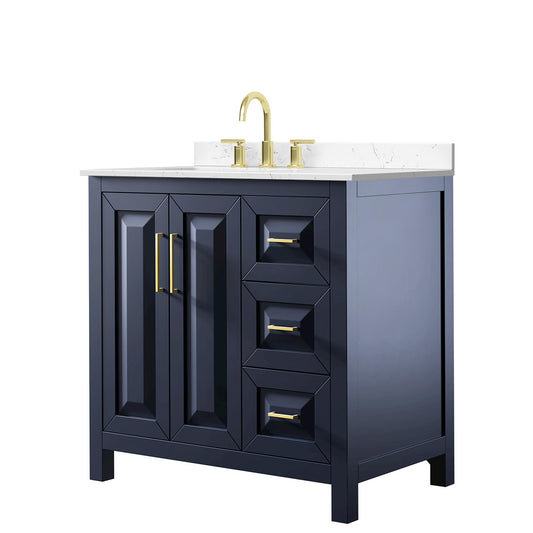 Wyndham Collection Daria 36" Single Bathroom Vanity in Dark Blue, Carrara Cultured Marble Countertop, Undermount Square Sink (3-Hole), Brushed Gold Trim