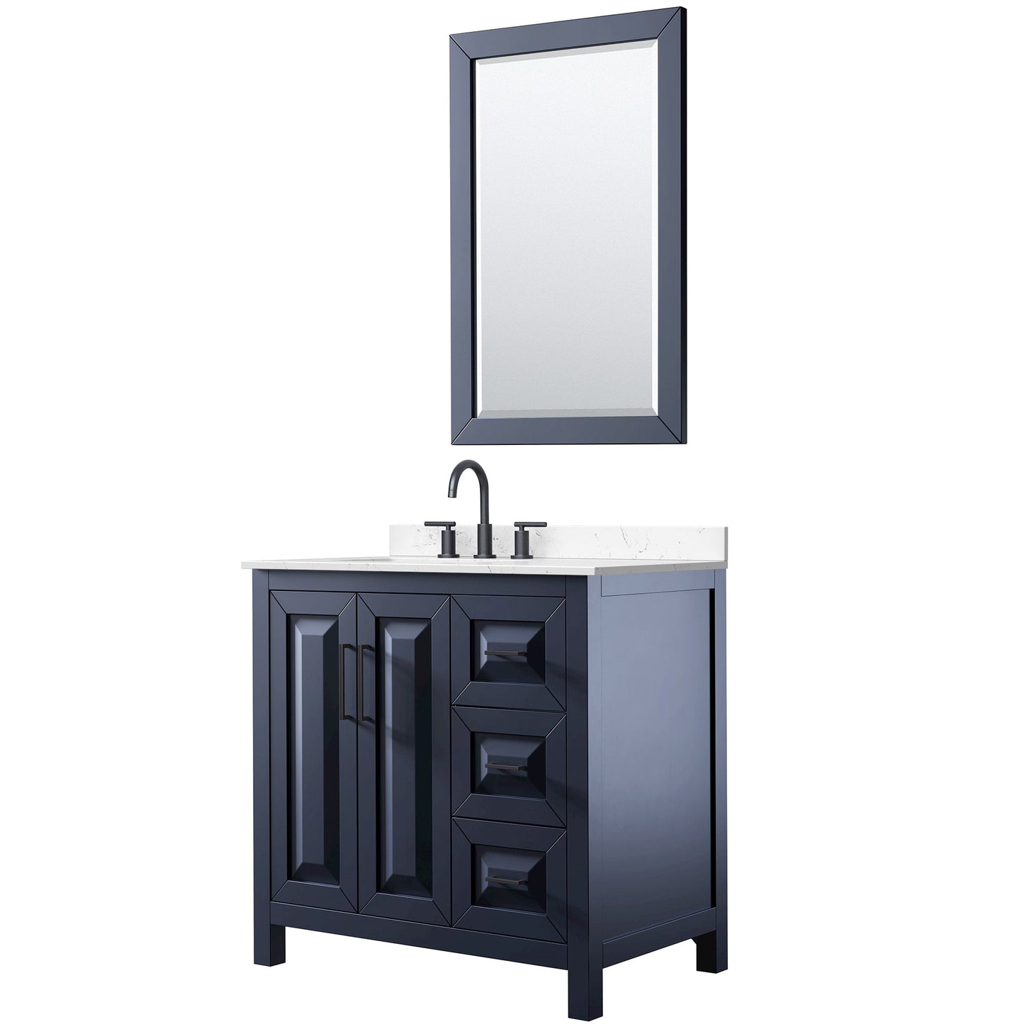 Wyndham Collection Daria 36" Single Bathroom Vanity in Dark Blue, Carrara Cultured Marble Countertop, Undermount Square Sink (3-Hole), Matte Black Trim, 24" Mirror