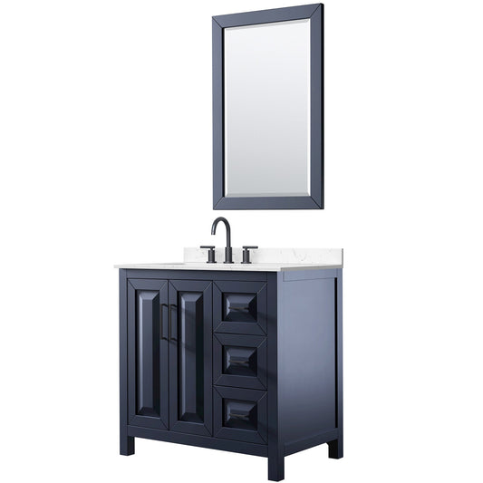 Wyndham Collection Daria 36" Single Bathroom Vanity in Dark Blue, Carrara Cultured Marble Countertop, Undermount Square Sink (3-Hole), Matte Black Trim, 24" Mirror