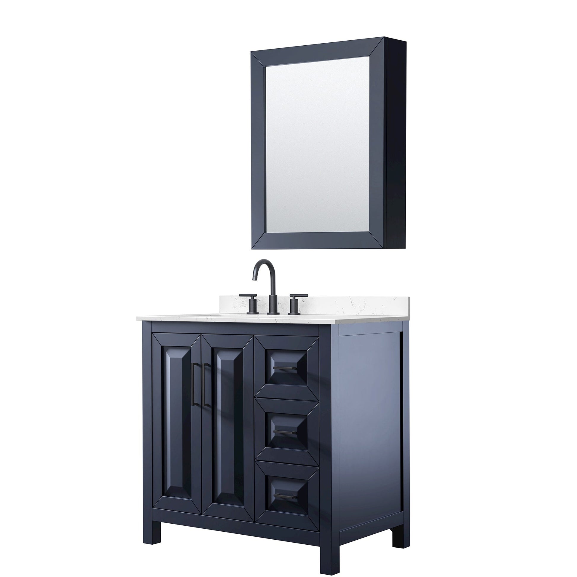 Wyndham Collection Daria 36" Single Bathroom Vanity in Dark Blue, Carrara Cultured Marble Countertop, Undermount Square Sink (3-Hole), Matte Black Trim, Medicine Cabinet