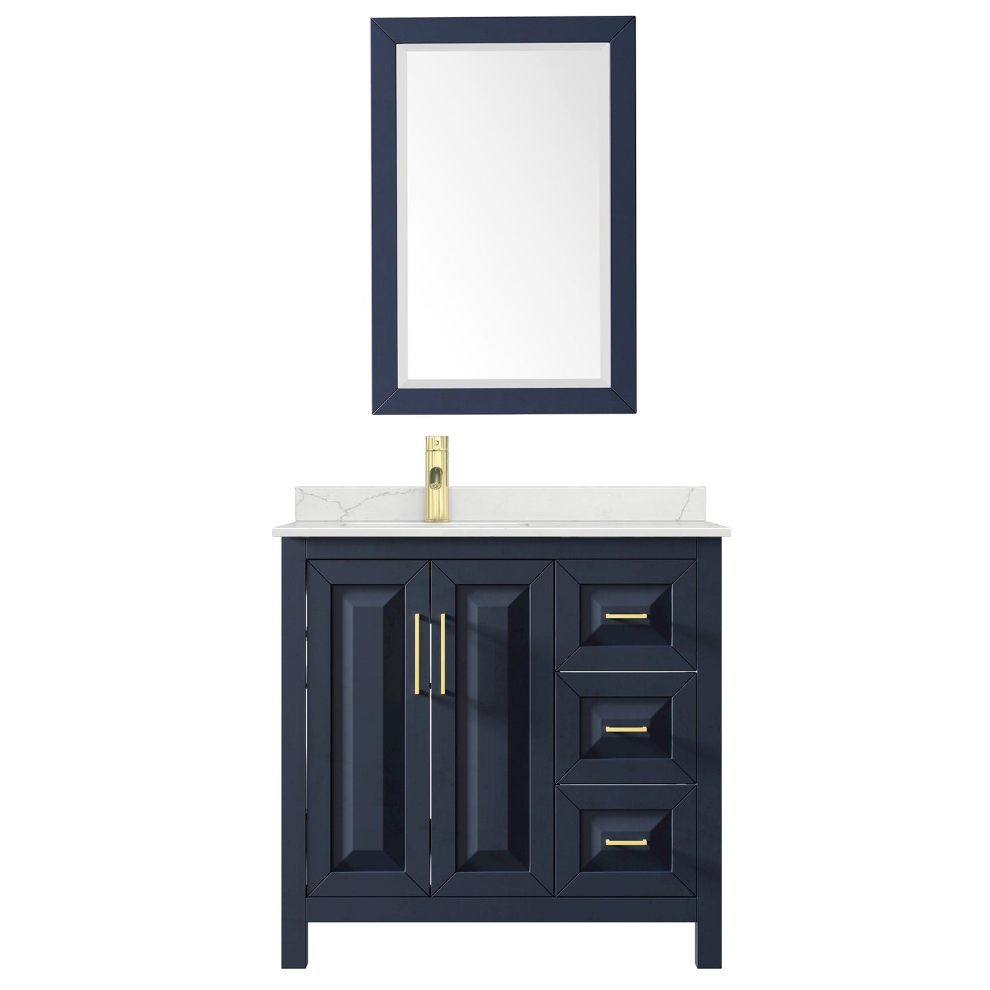 Wyndham Collection Daria 36" Single Bathroom Vanity in Dark Blue, Giotto Quartz Countertop, Undermount Square Sink (1-Hole), Brushed Gold Trim, 24" Mirror