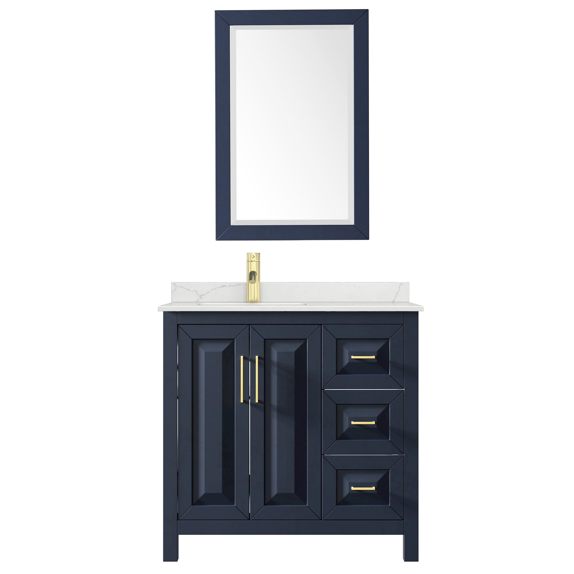 Wyndham Collection Daria 36" Single Bathroom Vanity in Dark Blue, Giotto Quartz Countertop, Undermount Square Sink (1-Hole), Brushed Gold Trim, 24" Mirror