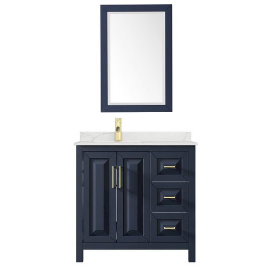 Wyndham Collection Daria 36" Single Bathroom Vanity in Dark Blue, Giotto Quartz Countertop, Undermount Square Sink (1-Hole), Brushed Gold Trim, 24" Mirror