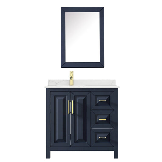 Wyndham Collection Daria 36" Single Bathroom Vanity in Dark Blue, Giotto Quartz Countertop, Undermount Square Sink (1-Hole), Brushed Gold Trim, Medicine Cabinet