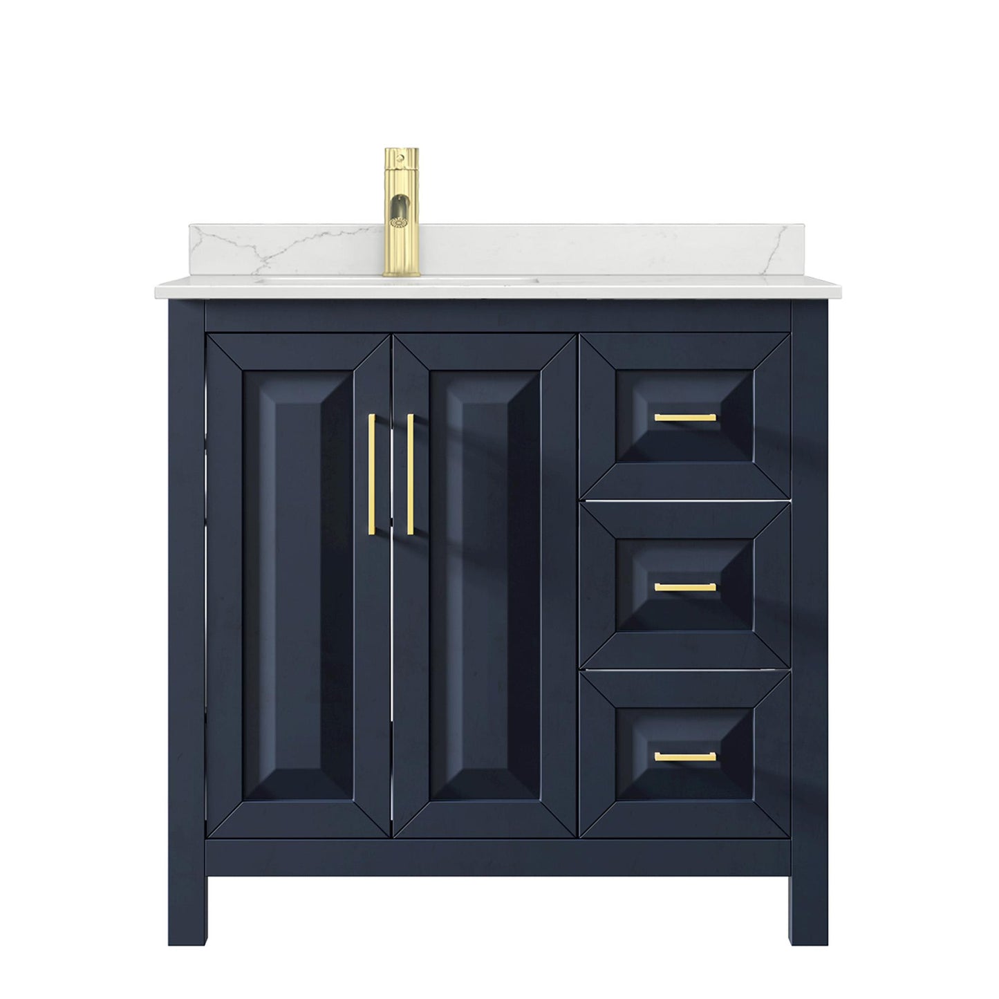 Wyndham Collection Daria 36" Single Bathroom Vanity in Dark Blue, Giotto Quartz Countertop, Undermount Square Sink (1-Hole), Brushed Gold Trim