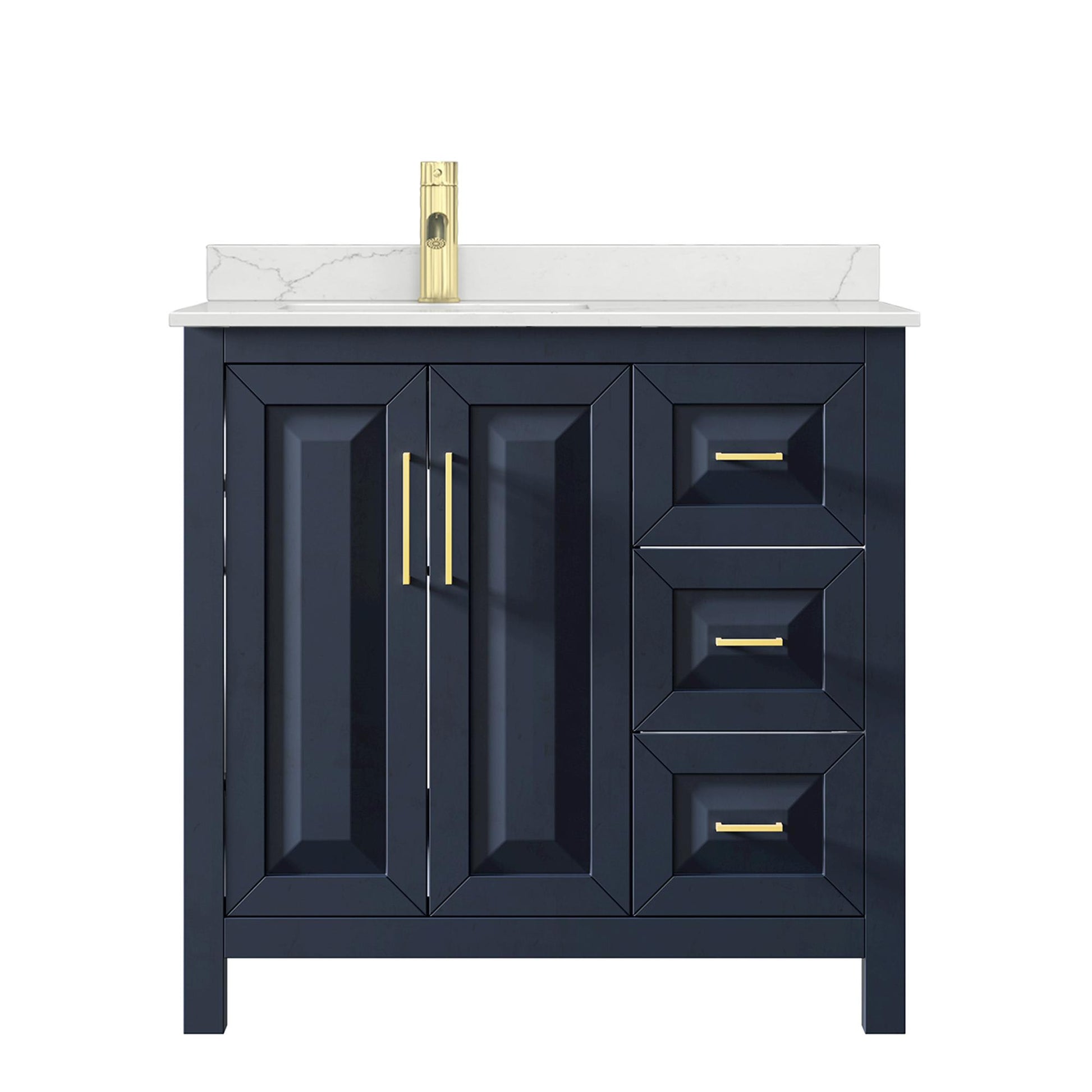 Wyndham Collection Daria 36" Single Bathroom Vanity in Dark Blue, Giotto Quartz Countertop, Undermount Square Sink (1-Hole), Brushed Gold Trim