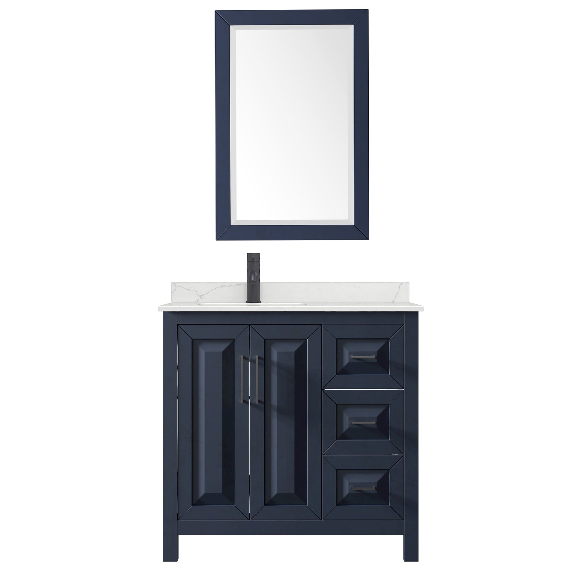 Wyndham Collection Daria 36" Single Bathroom Vanity in Dark Blue, Giotto Quartz Countertop, Undermount Square Sink (1-Hole), Matte Black Trim, 24" Mirror