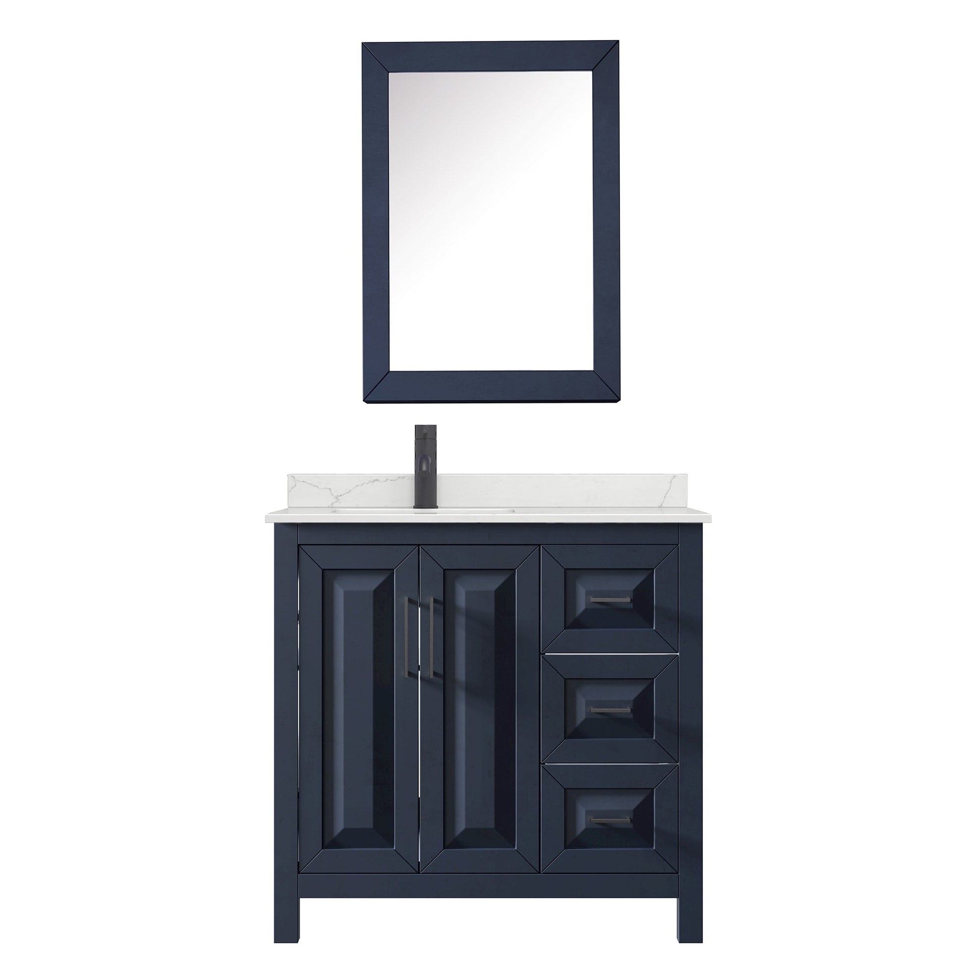 Wyndham Collection Daria 36" Single Bathroom Vanity in Dark Blue, Giotto Quartz Countertop, Undermount Square Sink (1-Hole), Matte Black Trim, Medicine Cabinet
