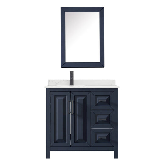 Wyndham Collection Daria 36" Single Bathroom Vanity in Dark Blue, Giotto Quartz Countertop, Undermount Square Sink (1-Hole), Matte Black Trim, Medicine Cabinet