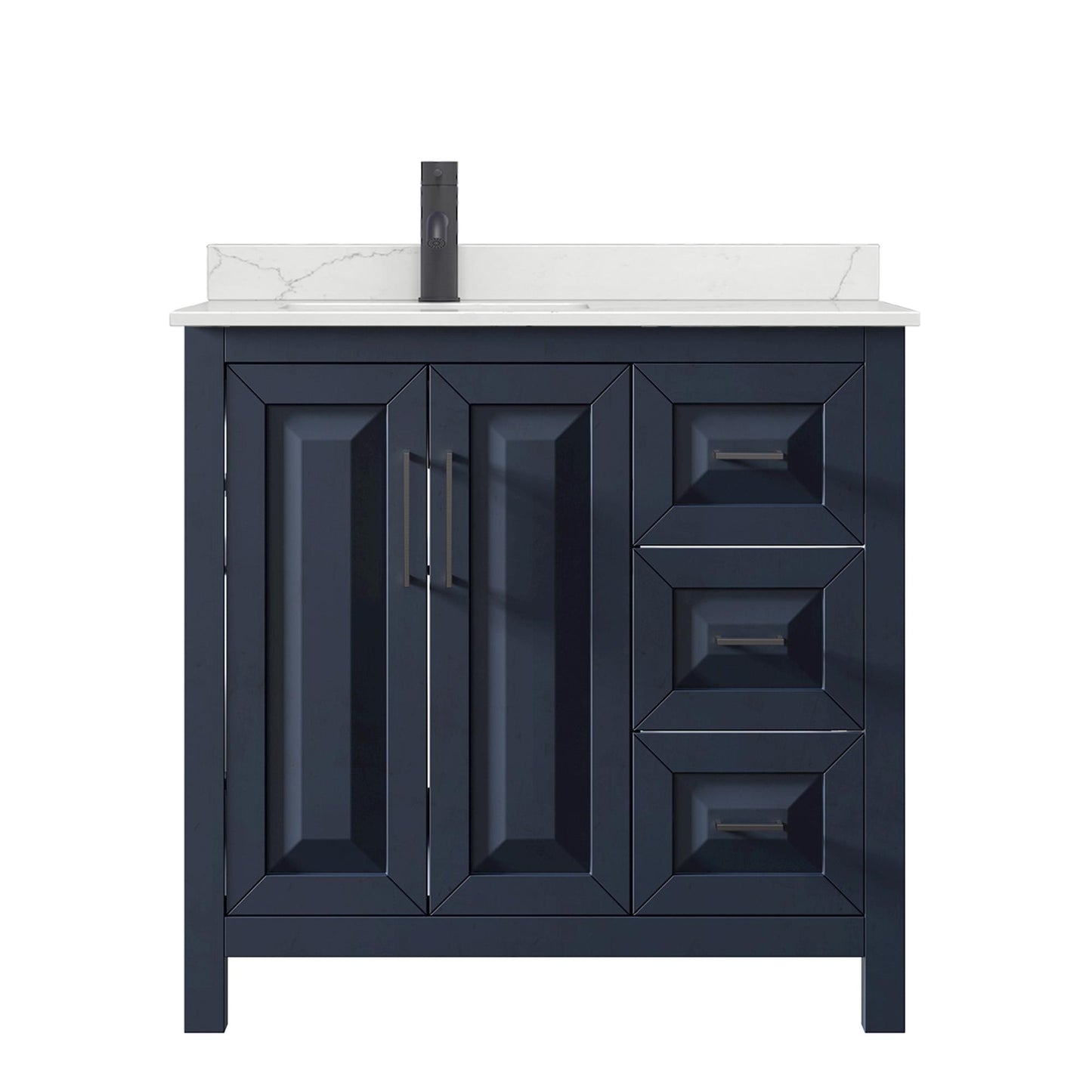 Wyndham Collection Daria 36" Single Bathroom Vanity in Dark Blue, Giotto Quartz Countertop, Undermount Square Sink (1-Hole), Matte Black Trim