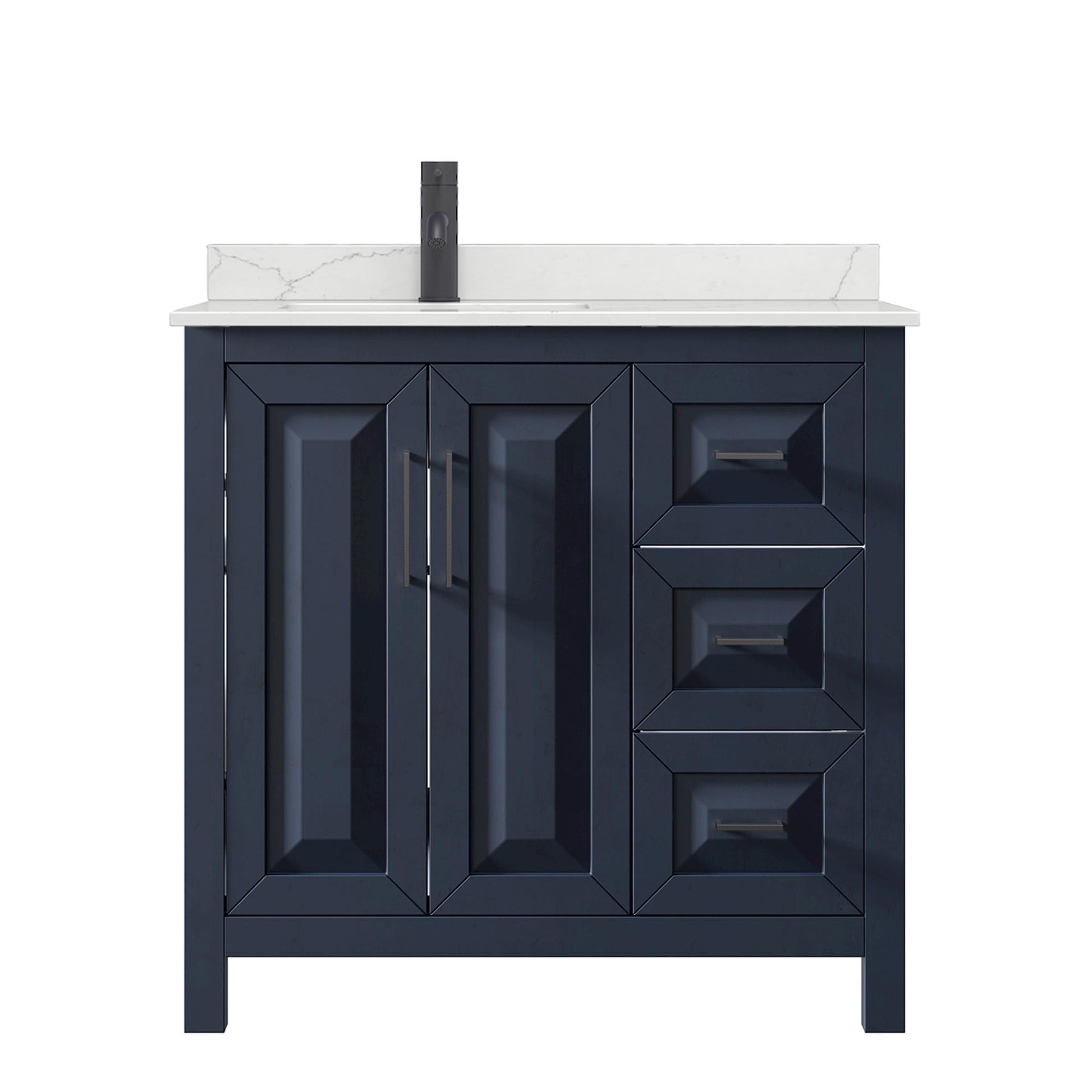 Wyndham Collection Daria 36" Single Bathroom Vanity in Dark Blue, Giotto Quartz Countertop, Undermount Square Sink (1-Hole), Matte Black Trim