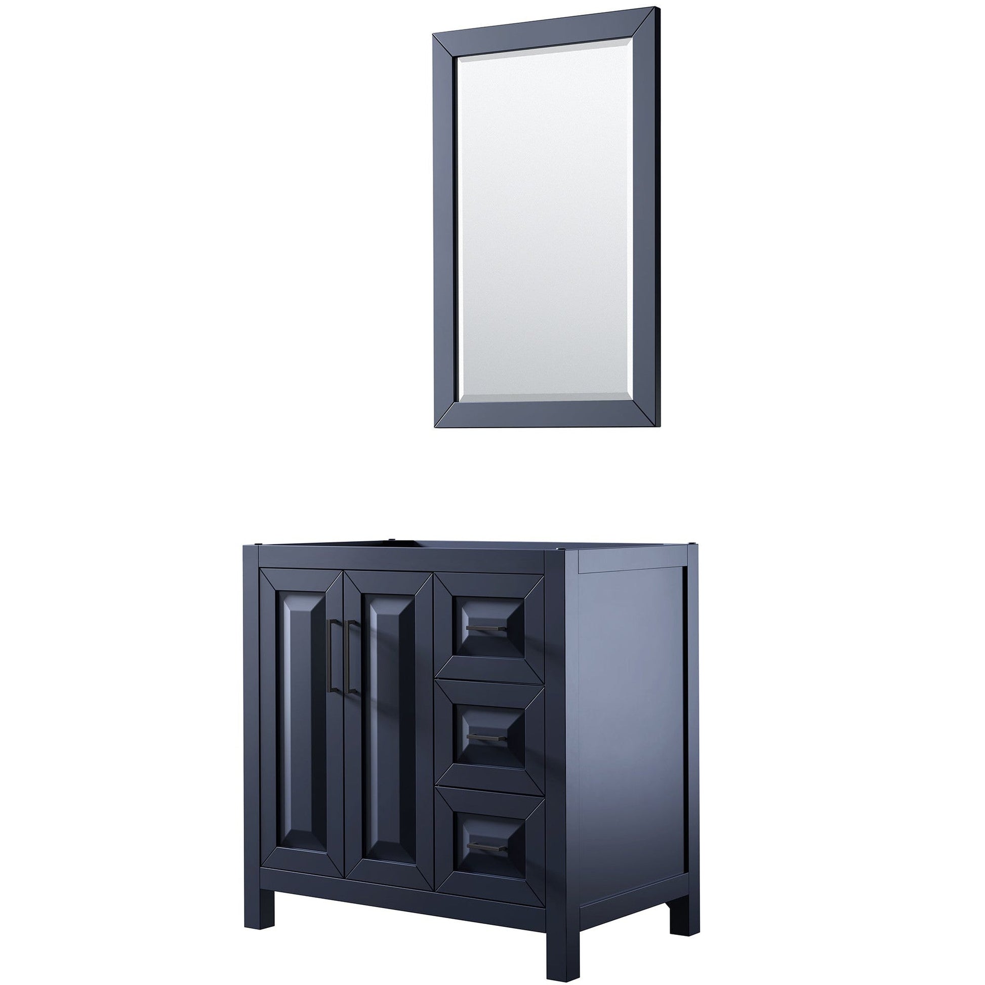 Wyndham Collection Daria 36" Single Bathroom Vanity in Dark Blue, No Countertop, No Sink, Matte Black Trim, 24" Mirror