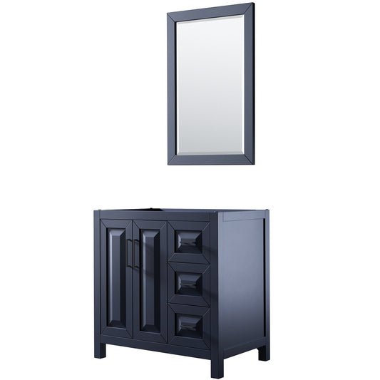 Wyndham Collection Daria 36" Single Bathroom Vanity in Dark Blue, No Countertop, No Sink, Matte Black Trim, 24" Mirror