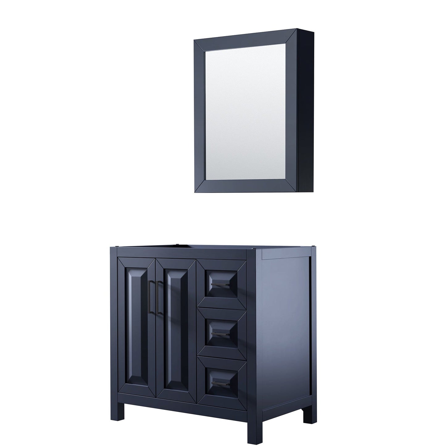 Wyndham Collection Daria 36" Single Bathroom Vanity in Dark Blue, No Countertop, No Sink, Matte Black Trim, Medicine Cabinet