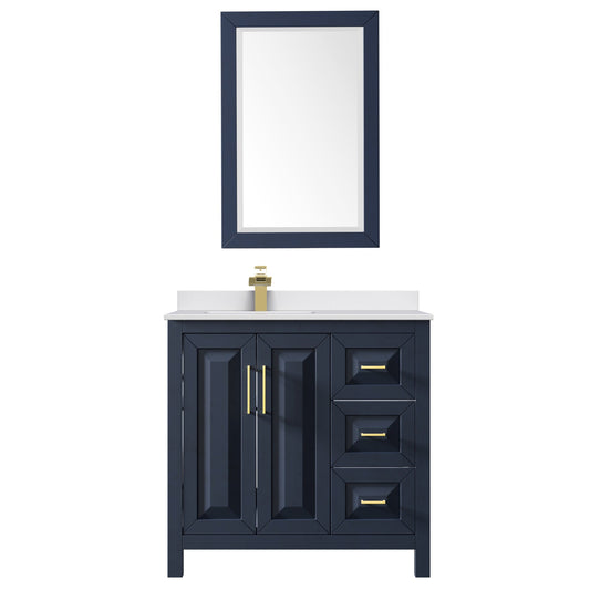 Wyndham Collection Daria 36" Single Bathroom Vanity in Dark Blue, White Cultured Marble Countertop, Undermount Square Sink (1-Hole), Brushed Gold Trim, 24" Mirror