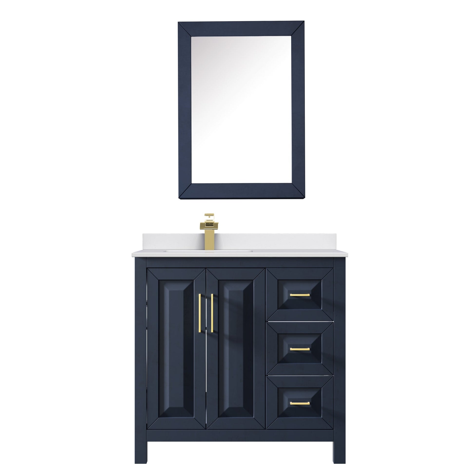 Wyndham Collection Daria 36" Single Bathroom Vanity in Dark Blue, White Cultured Marble Countertop, Undermount Square Sink (1-Hole), Brushed Gold Trim, Medicine Cabinet