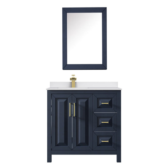 Wyndham Collection Daria 36" Single Bathroom Vanity in Dark Blue, White Cultured Marble Countertop, Undermount Square Sink (1-Hole), Brushed Gold Trim, Medicine Cabinet