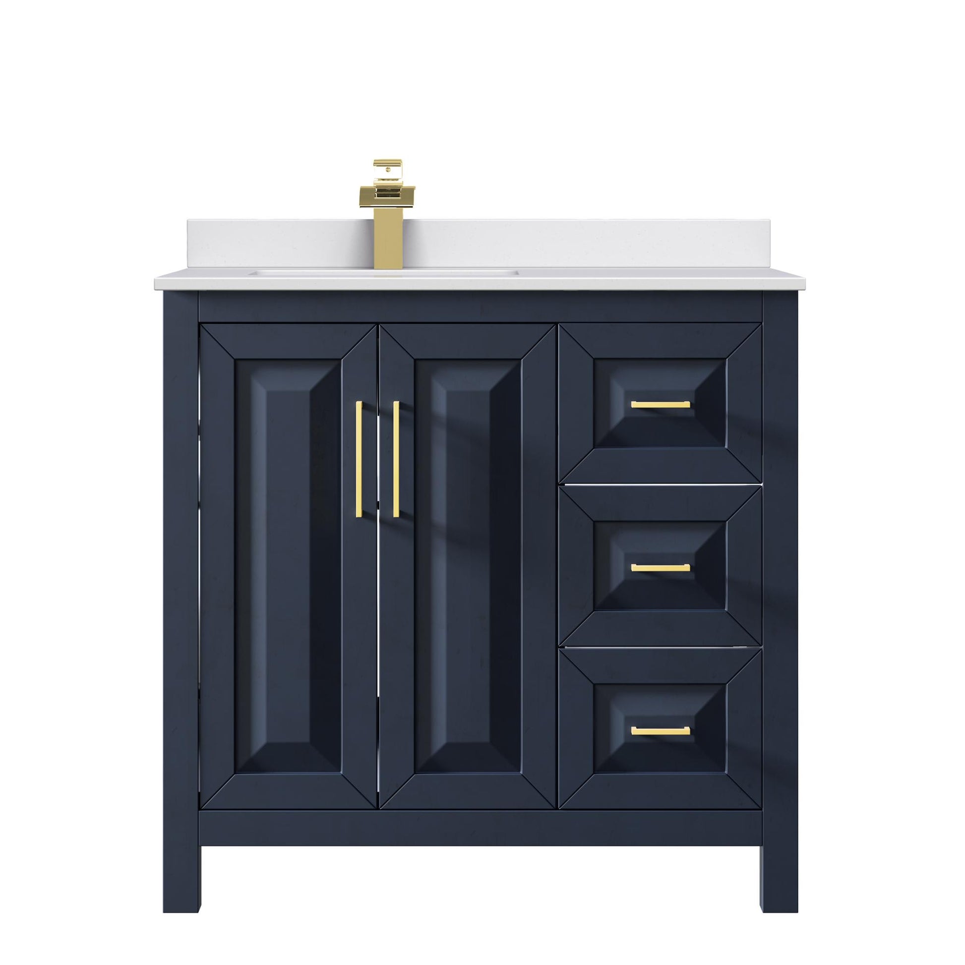 Wyndham Collection Daria 36" Single Bathroom Vanity in Dark Blue, White Cultured Marble Countertop, Undermount Square Sink (1-Hole), Brushed Gold Trim