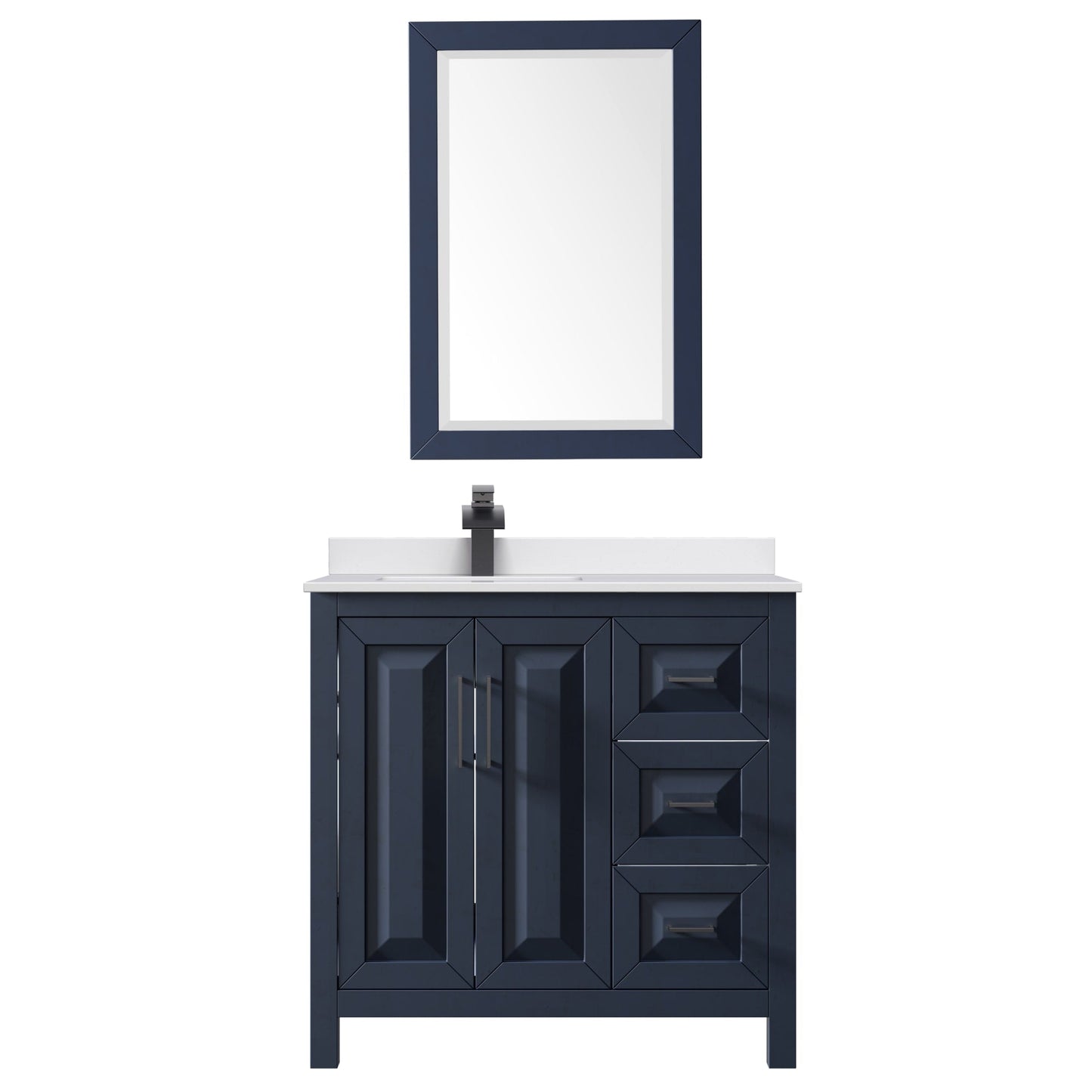 Wyndham Collection Daria 36" Single Bathroom Vanity in Dark Blue, White Cultured Marble Countertop, Undermount Square Sink (1-Hole), Matte Black Trim, 24" Mirror
