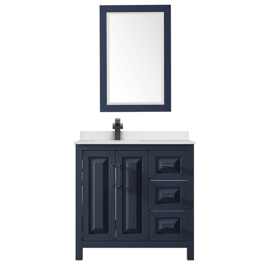 Wyndham Collection Daria 36" Single Bathroom Vanity in Dark Blue, White Cultured Marble Countertop, Undermount Square Sink (1-Hole), Matte Black Trim, 24" Mirror