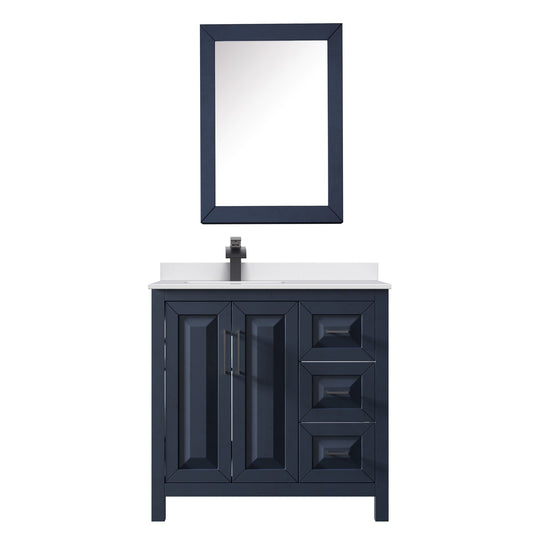 Wyndham Collection Daria 36" Single Bathroom Vanity in Dark Blue, White Cultured Marble Countertop, Undermount Square Sink (1-Hole), Matte Black Trim, Medicine Cabinet