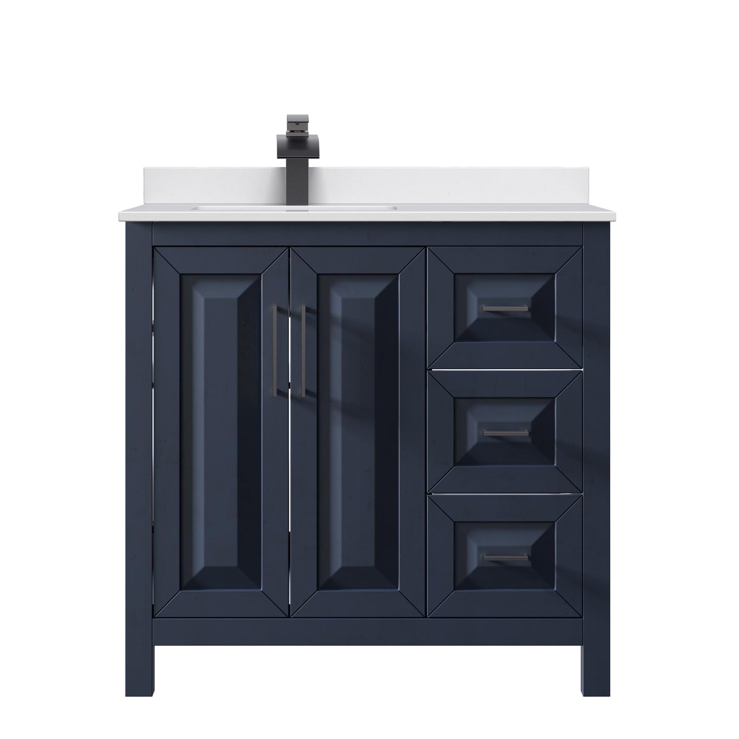 Wyndham Collection Daria 36" Single Bathroom Vanity in Dark Blue, White Cultured Marble Countertop, Undermount Square Sink (1-Hole), Matte Black Trim