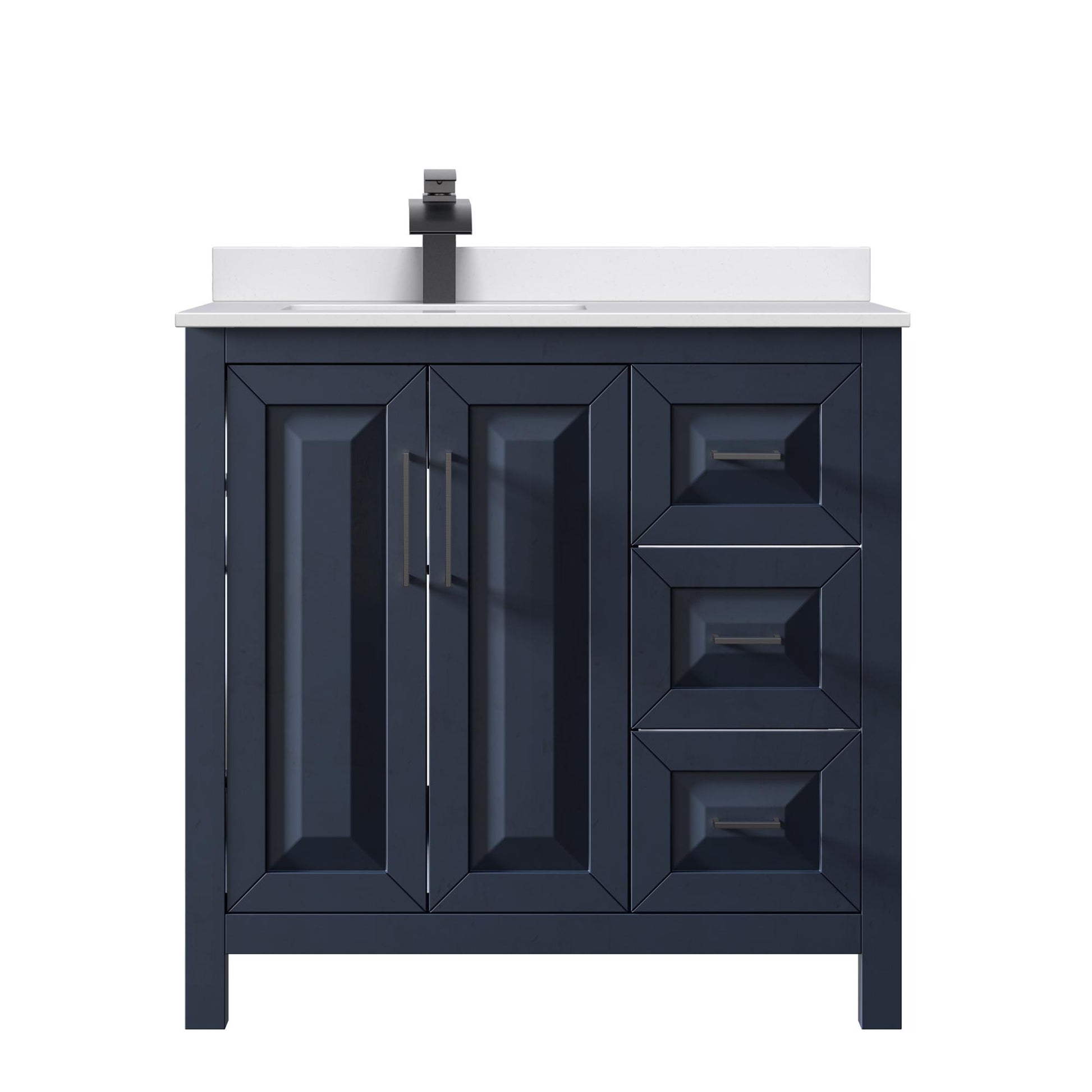 Wyndham Collection Daria 36" Single Bathroom Vanity in Dark Blue, White Cultured Marble Countertop, Undermount Square Sink (1-Hole), Matte Black Trim