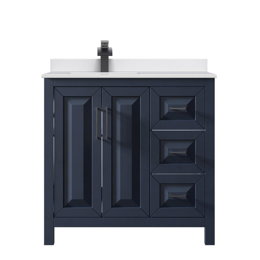 Wyndham Collection Daria 36" Single Bathroom Vanity in Dark Blue, White Cultured Marble Countertop, Undermount Square Sink (1-Hole), Matte Black Trim