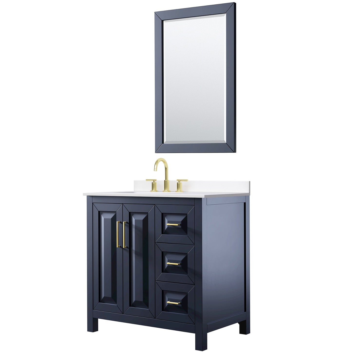 Wyndham Collection Daria 36" Single Bathroom Vanity in Dark Blue, White Cultured Marble Countertop, Undermount Square Sink (3-Hole), Brushed Gold Trim, 24" Mirror