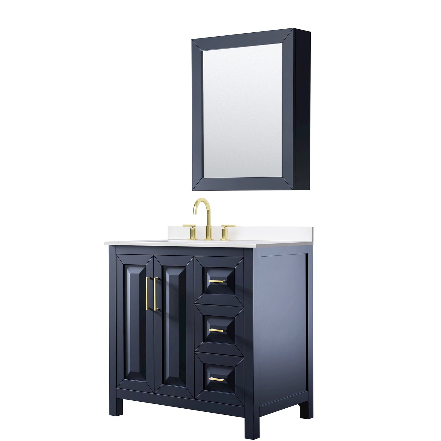 Wyndham Collection Daria 36" Single Bathroom Vanity in Dark Blue, White Cultured Marble Countertop, Undermount Square Sink (3-Hole), Brushed Gold Trim, Medicine Cabinet