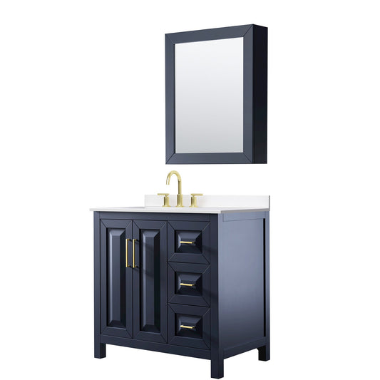 Wyndham Collection Daria 36" Single Bathroom Vanity in Dark Blue, White Cultured Marble Countertop, Undermount Square Sink (3-Hole), Brushed Gold Trim, Medicine Cabinet