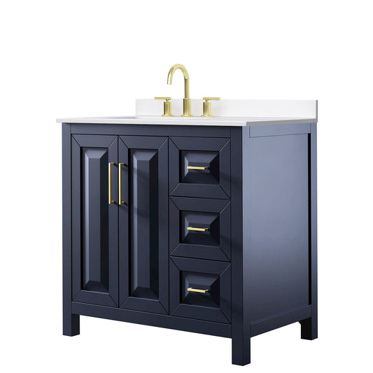 Wyndham Collection Daria 36" Single Bathroom Vanity in Dark Blue, White Cultured Marble Countertop, Undermount Square Sink (3-Hole), Brushed Gold Trim