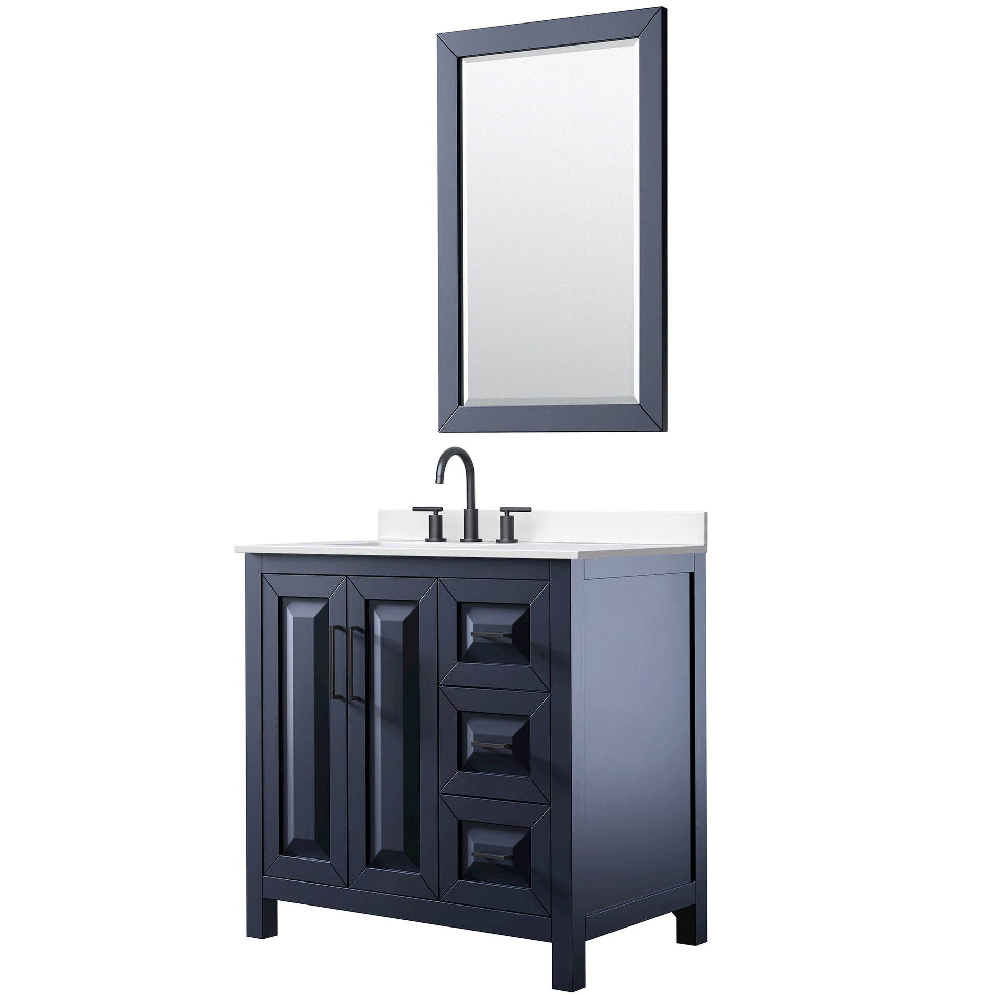 Wyndham Collection Daria 36" Single Bathroom Vanity in Dark Blue, White Cultured Marble Countertop, Undermount Square Sink (3-Hole), Matte Black Trim, 24" Mirror