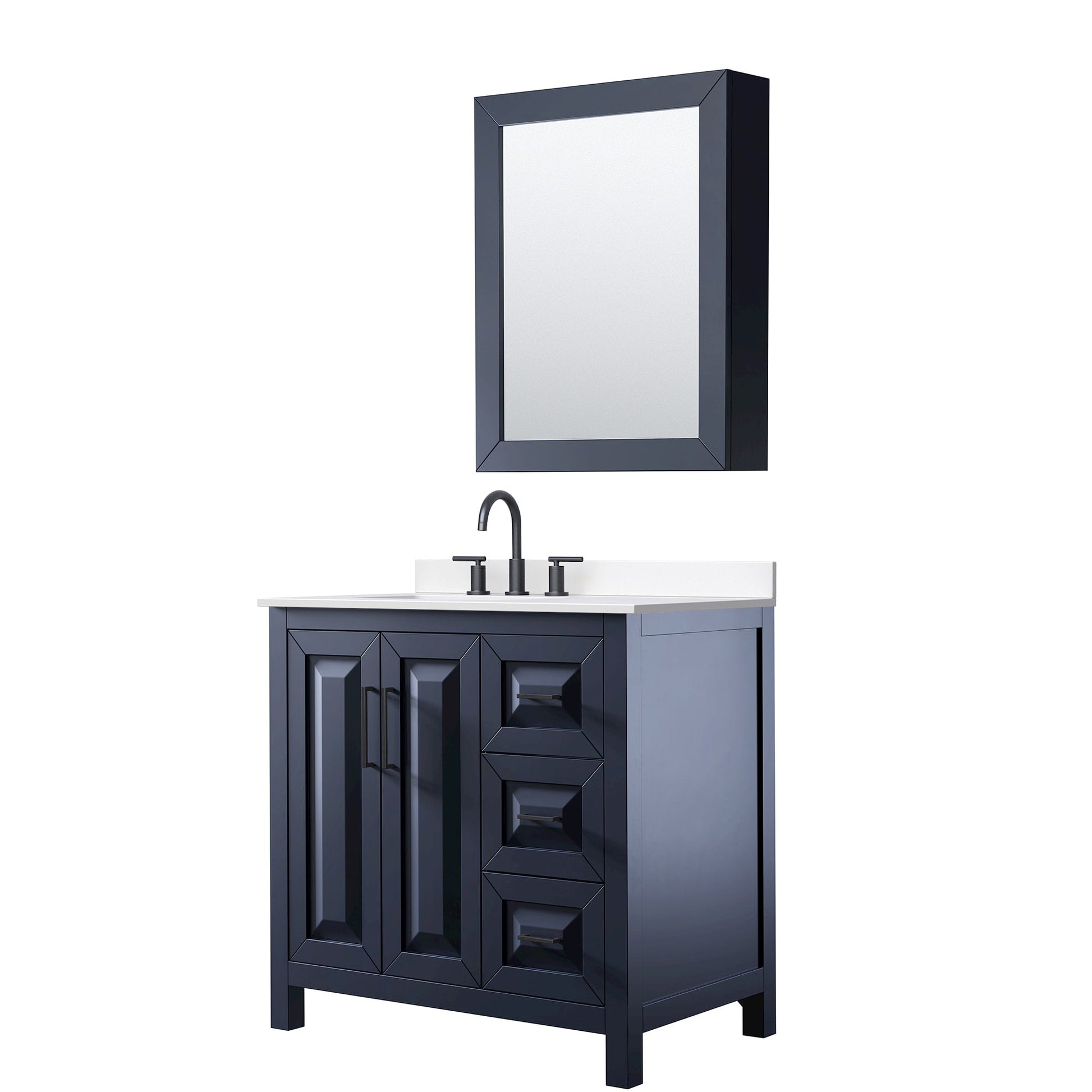 Wyndham Collection Daria 36" Single Bathroom Vanity in Dark Blue, White Cultured Marble Countertop, Undermount Square Sink (3-Hole), Matte Black Trim, Medicine Cabinet