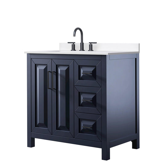 Wyndham Collection Daria 36" Single Bathroom Vanity in Dark Blue, White Cultured Marble Countertop, Undermount Square Sink (3-Hole), Matte Black Trim