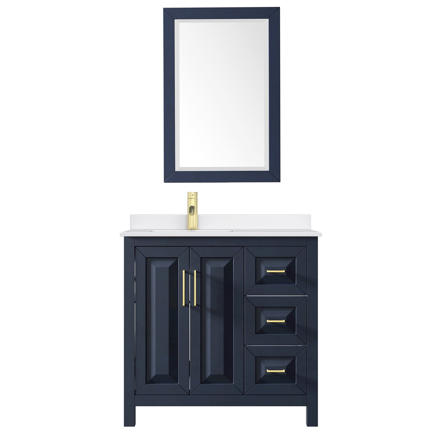 Wyndham Collection Daria 36" Single Bathroom Vanity in Dark Blue, White Quartz Countertop, Undermount Square Sink (1-Hole), Brushed Gold Trim, 24" Mirror