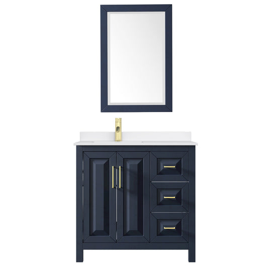 Wyndham Collection Daria 36" Single Bathroom Vanity in Dark Blue, White Quartz Countertop, Undermount Square Sink (1-Hole), Brushed Gold Trim, 24" Mirror