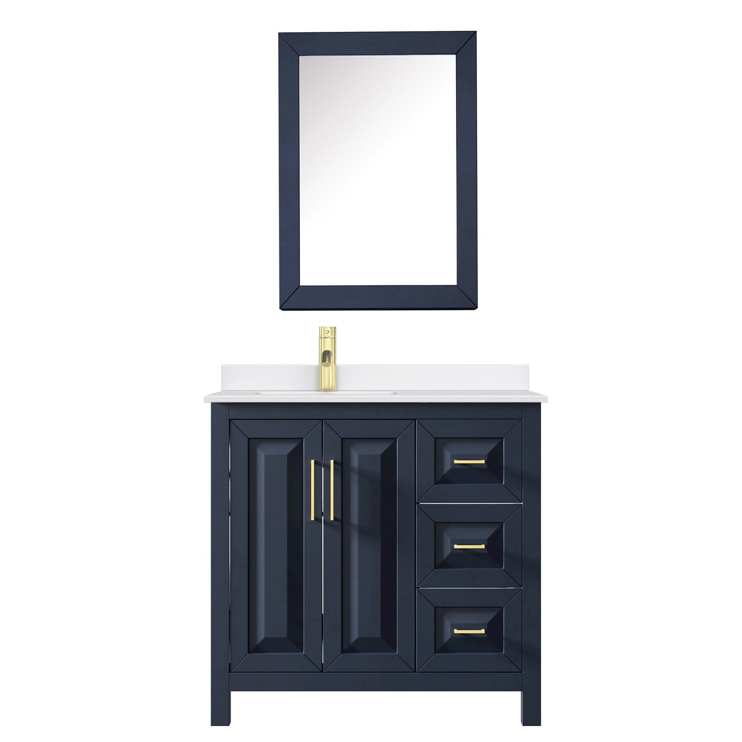 Wyndham Collection Daria 36" Single Bathroom Vanity in Dark Blue, White Quartz Countertop, Undermount Square Sink (1-Hole), Brushed Gold Trim, Medicine Cabinet