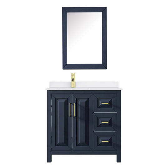 Wyndham Collection Daria 36" Single Bathroom Vanity in Dark Blue, White Quartz Countertop, Undermount Square Sink (1-Hole), Brushed Gold Trim, Medicine Cabinet