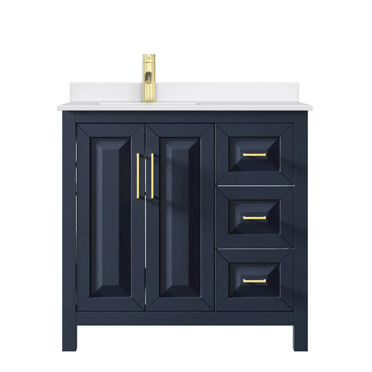 Wyndham Collection Daria 36" Single Bathroom Vanity in Dark Blue, White Quartz Countertop, Undermount Square Sink (1-Hole), Brushed Gold Trim