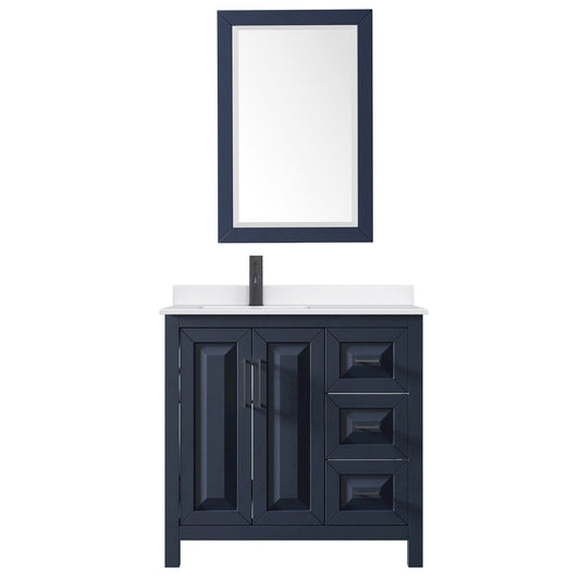 Wyndham Collection Daria 36" Single Bathroom Vanity in Dark Blue, White Quartz Countertop, Undermount Square Sink (1-Hole), Matte Black Trim, 24" Mirror