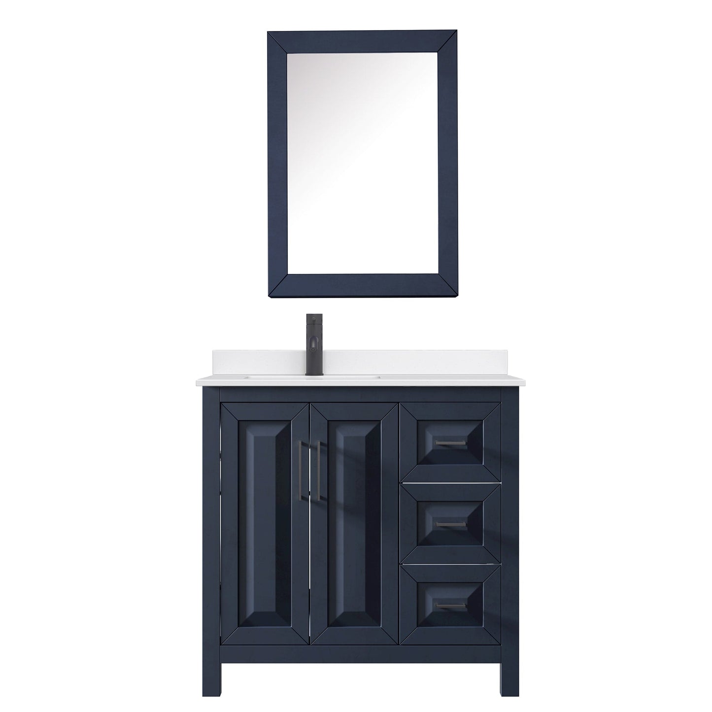 Wyndham Collection Daria 36" Single Bathroom Vanity in Dark Blue, White Quartz Countertop, Undermount Square Sink (1-Hole), Matte Black Trim, Medicine Cabinet