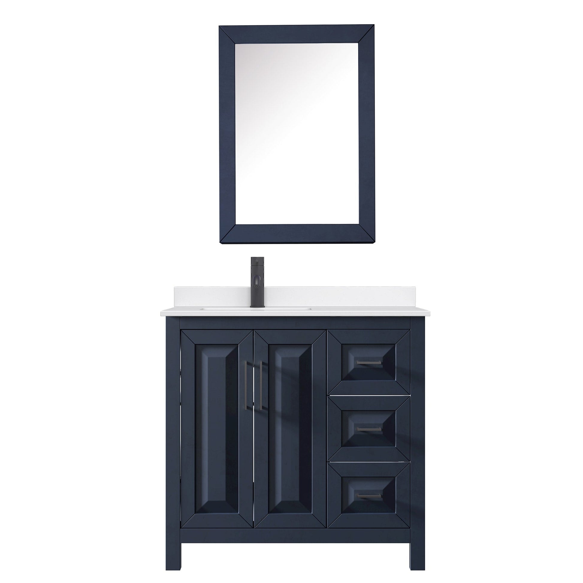 Wyndham Collection Daria 36" Single Bathroom Vanity in Dark Blue, White Quartz Countertop, Undermount Square Sink (1-Hole), Matte Black Trim, Medicine Cabinet
