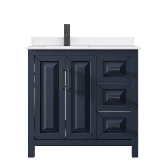 Wyndham Collection Daria 36" Single Bathroom Vanity in Dark Blue, White Quartz Countertop, Undermount Square Sink (1-Hole), Matte Black Trim