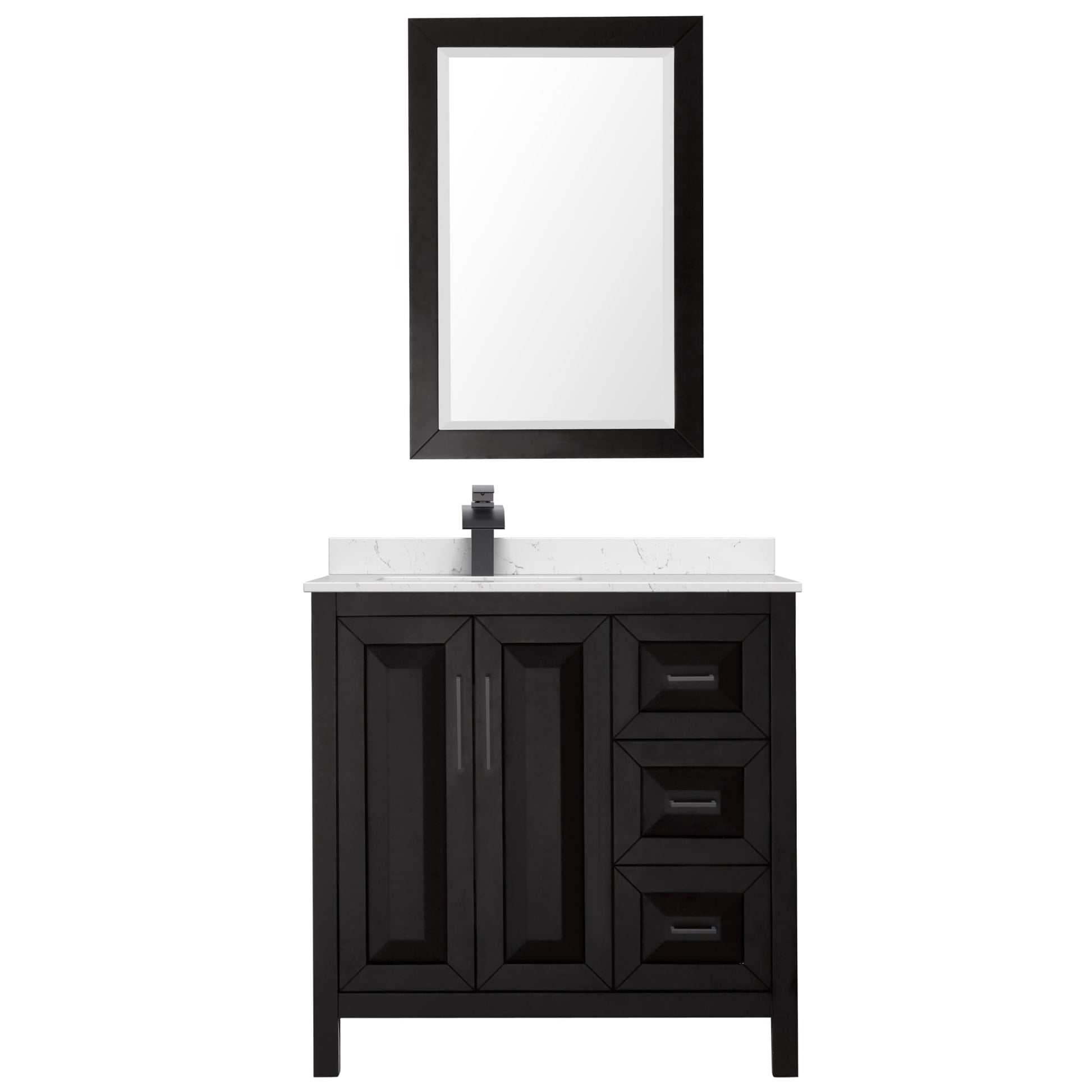 Wyndham Collection Daria 36" Single Bathroom Vanity in Dark Espresso, Carrara Cultured Marble Countertop, Undermount Square Sink (1-Hole), Matte Black Trim, 24" Mirror