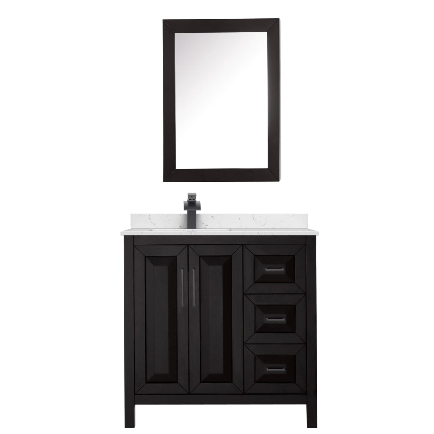 Wyndham Collection Daria 36" Single Bathroom Vanity in Dark Espresso, Carrara Cultured Marble Countertop, Undermount Square Sink (1-Hole), Matte Black Trim, Medicine Cabinet