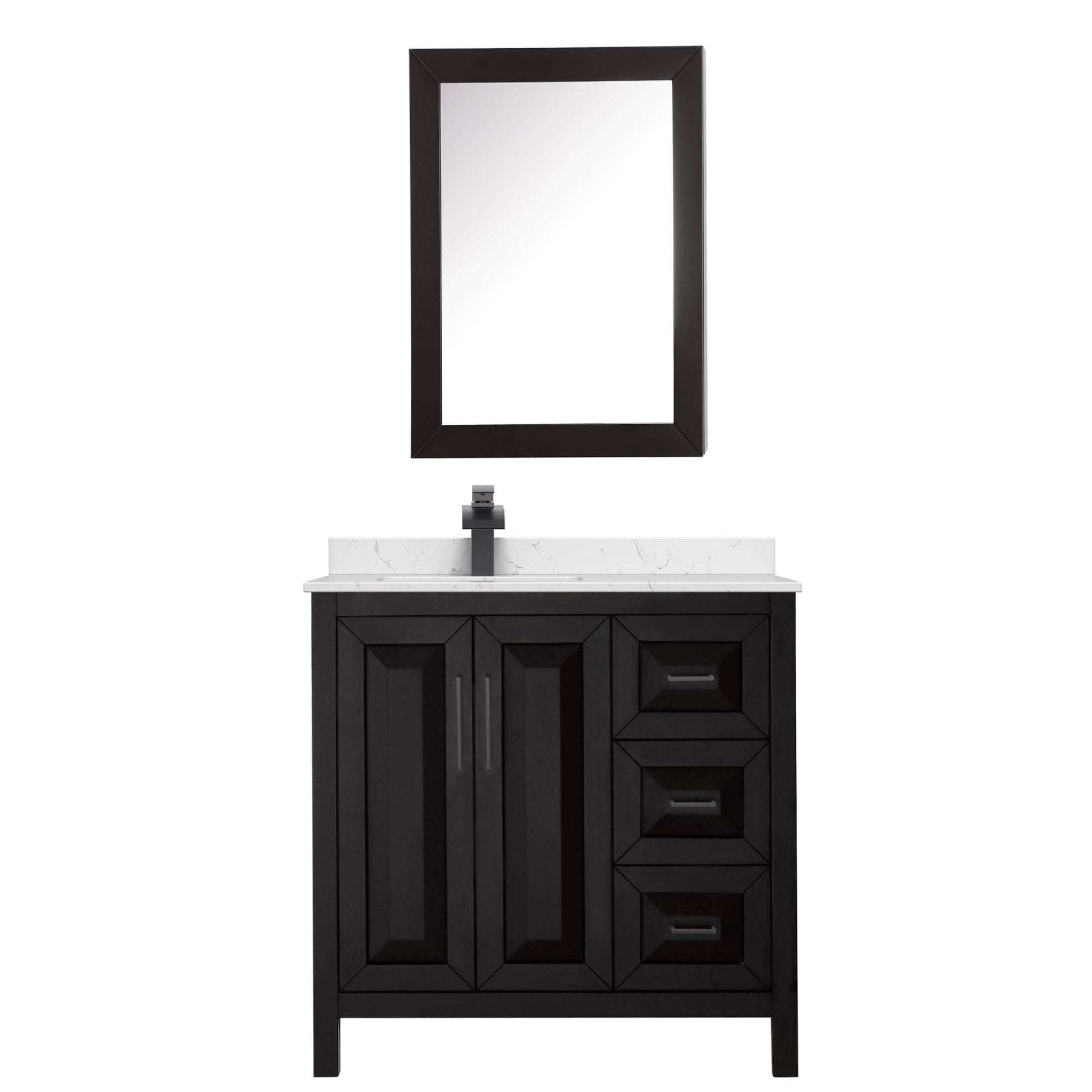 Wyndham Collection Daria 36" Single Bathroom Vanity in Dark Espresso, Carrara Cultured Marble Countertop, Undermount Square Sink (1-Hole), Matte Black Trim, Medicine Cabinet