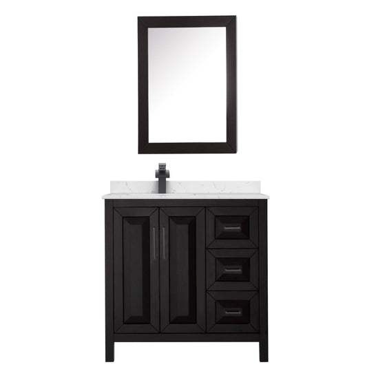 Wyndham Collection Daria 36" Single Bathroom Vanity in Dark Espresso, Carrara Cultured Marble Countertop, Undermount Square Sink (1-Hole), Matte Black Trim, Medicine Cabinet