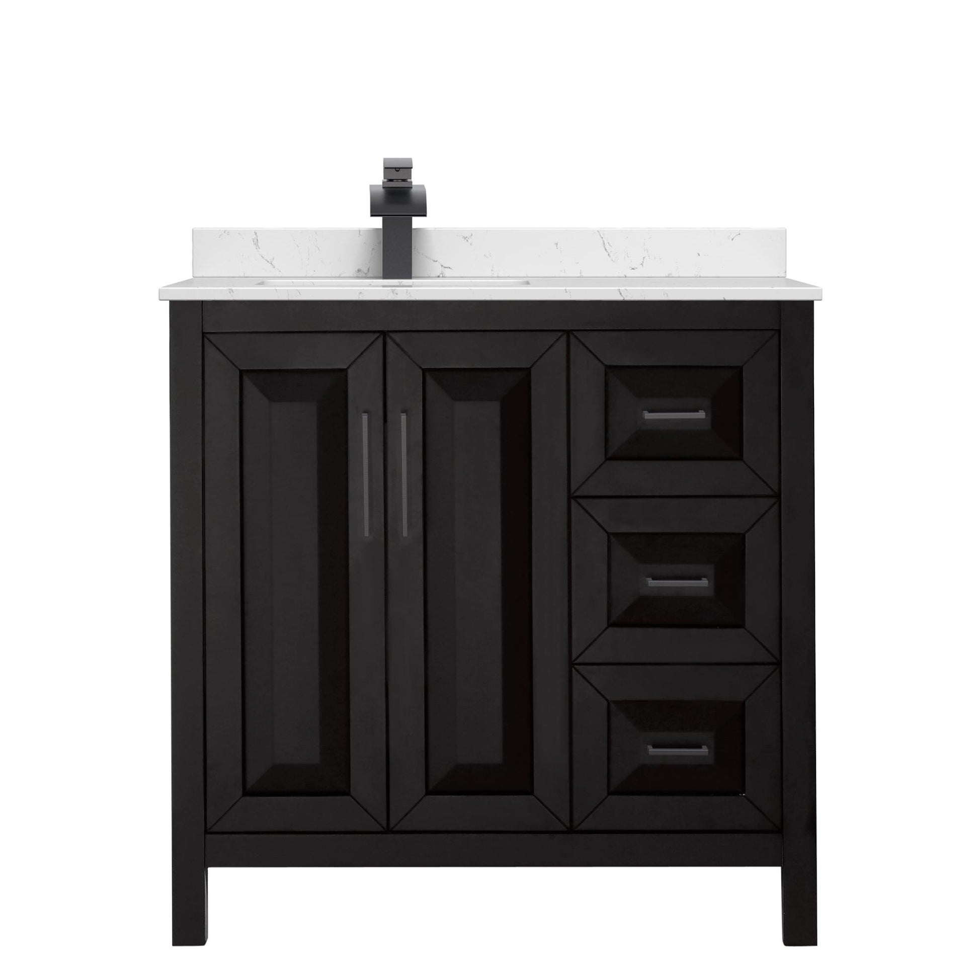 Wyndham Collection Daria 36" Single Bathroom Vanity in Dark Espresso, Carrara Cultured Marble Countertop, Undermount Square Sink (1-Hole), Matte Black Trim