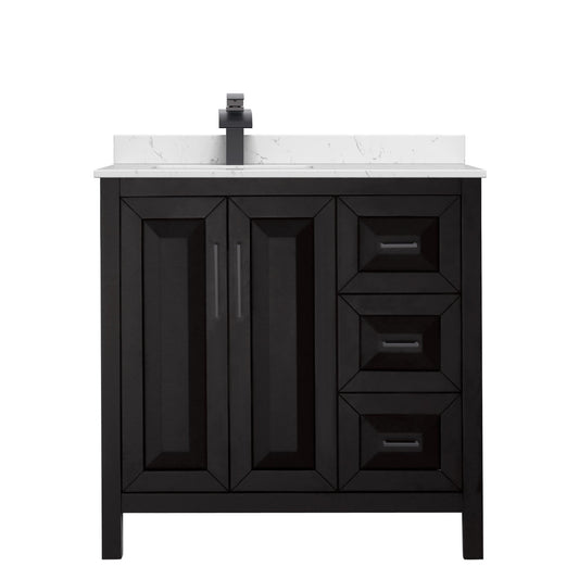 Wyndham Collection Daria 36" Single Bathroom Vanity in Dark Espresso, Carrara Cultured Marble Countertop, Undermount Square Sink (1-Hole), Matte Black Trim